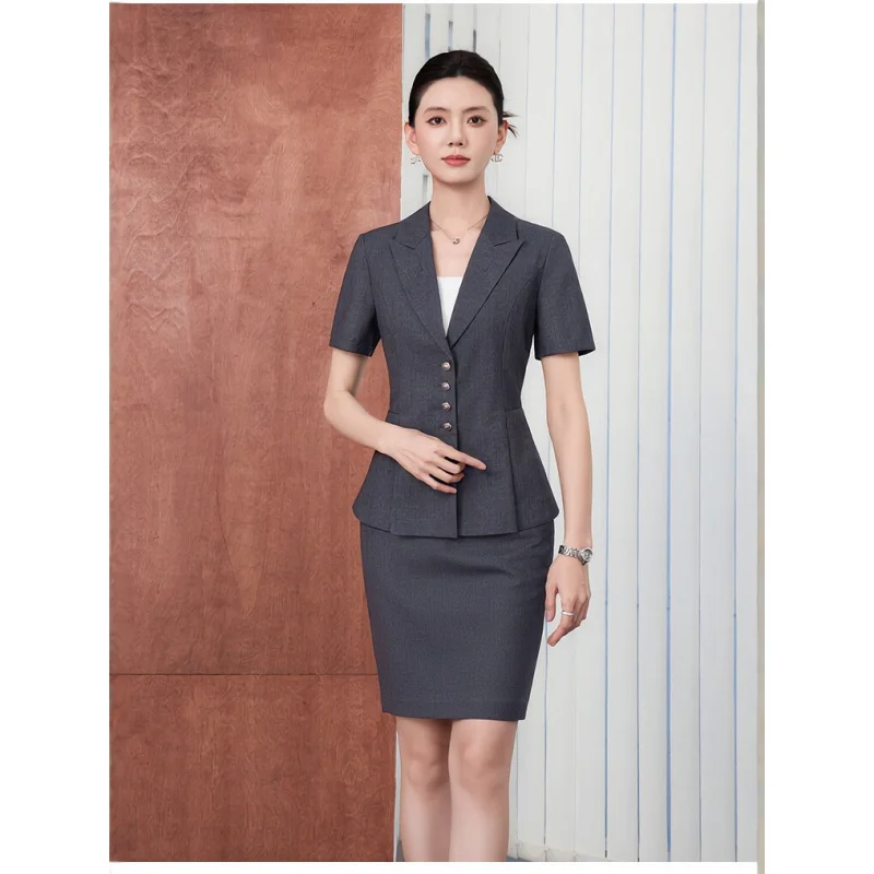 Navy blue short-sleeved professional suit for women, summer high-end elegant goddess style jewelry store workwear formal dress s