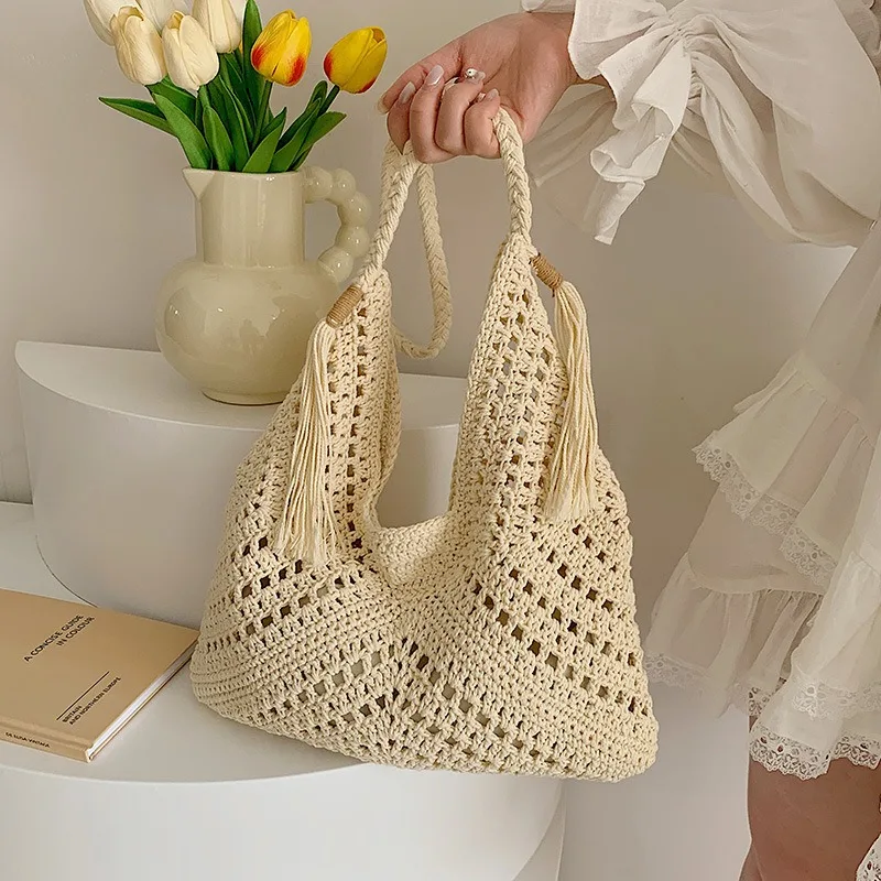 

2025 Bohemian Crochet Straw Tote with Drawstring Pocket, Beach Festival Shoulder Bag for Women