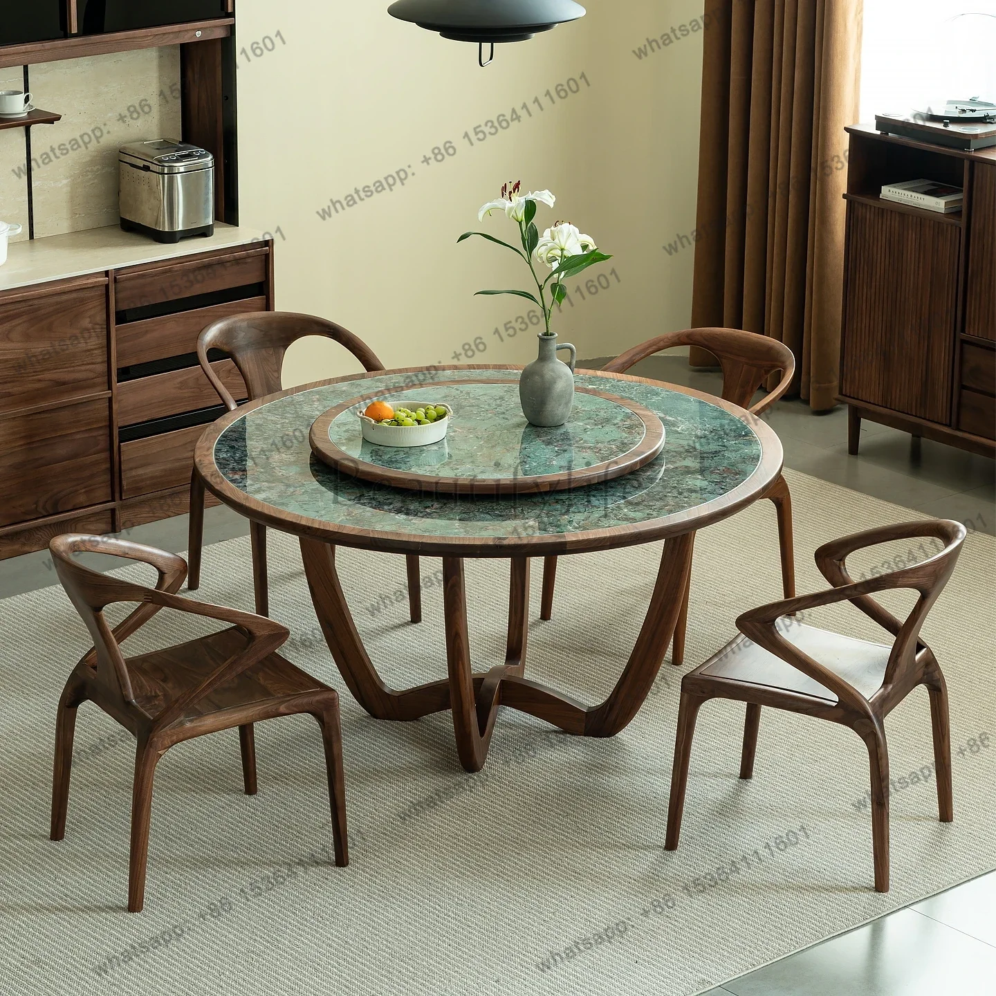 

North American Black Walnut Solid Wood Round Dining Table Modern Simple Light Luxury Villa Home Round Rock Slab Dining Table