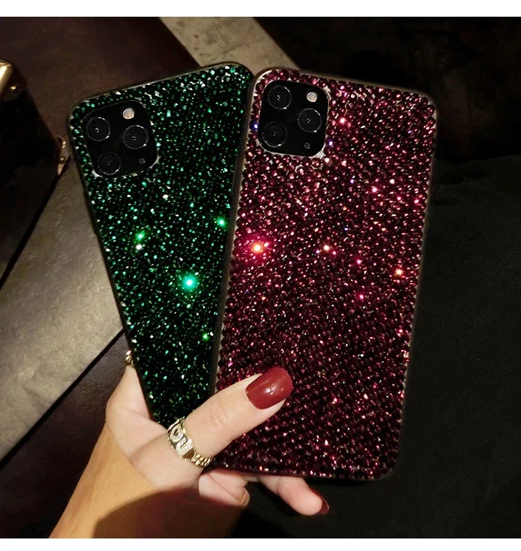 Green Diamond Luxury Rhinestone Case dla iphone 15Pro 14Plus 13 Pro 12 Mini 11Pro MAX XR 16 PLUS Cover Bling Glitter Woman Case