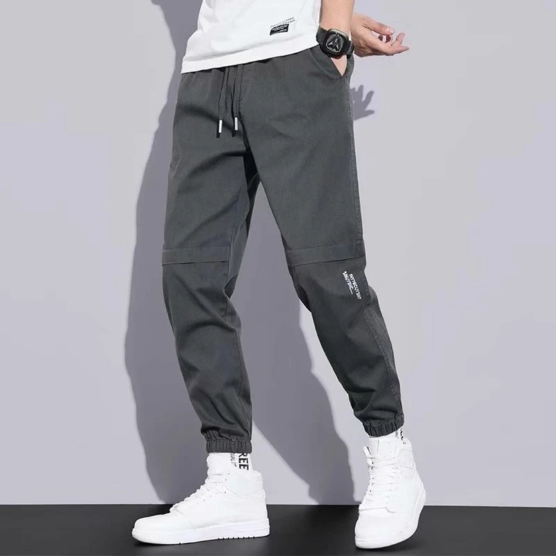 Men Pants Solid Color Elastic Waist Men Trousers Drawstring Ankle-banded Cargo Pants For Daily Wear Casual