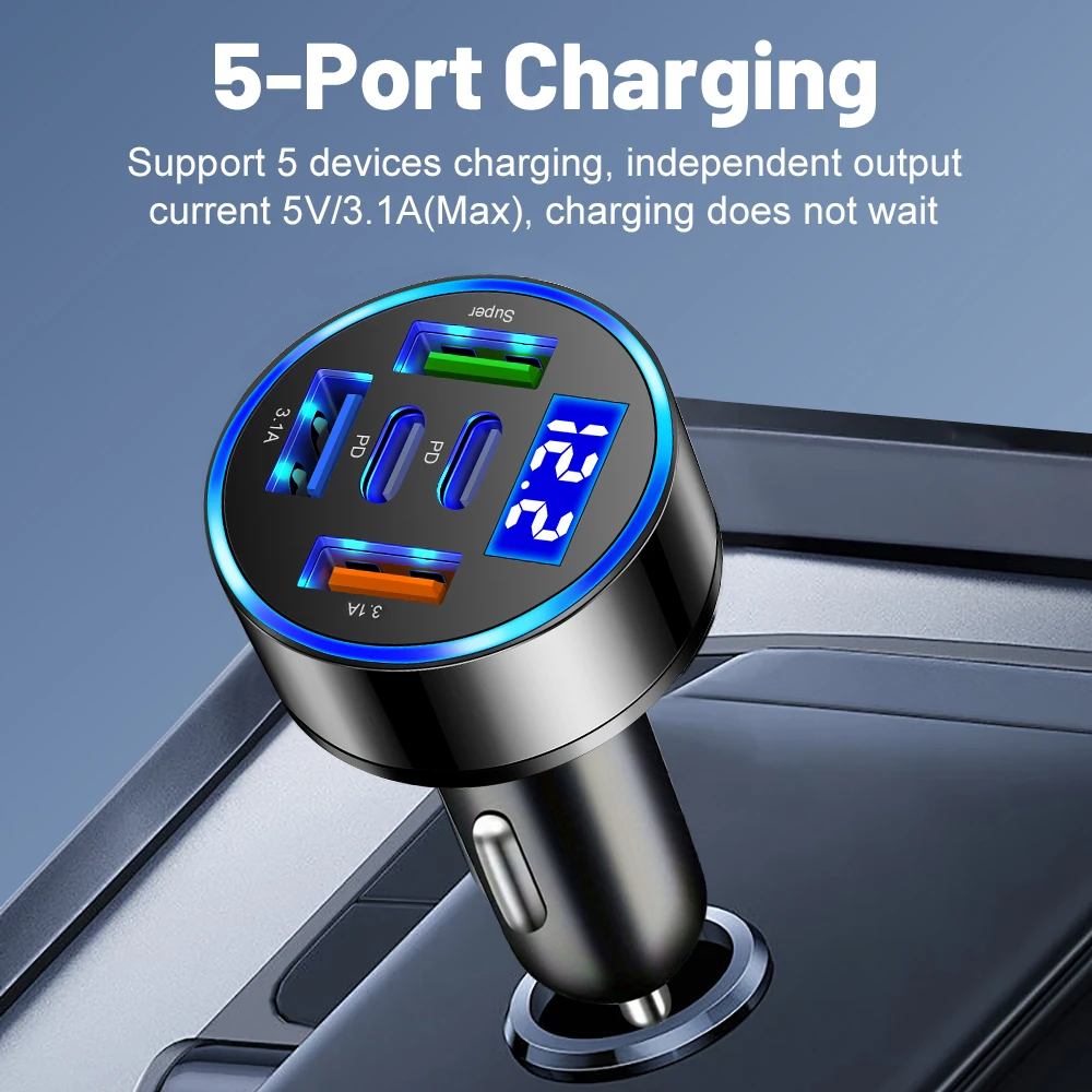 100W 5 Ports Car Charger Fast Charging PD QC3.0 USB C Car Phone Charger Type C Adapter in Car For iPhone Samsung Huawei Xiaomi