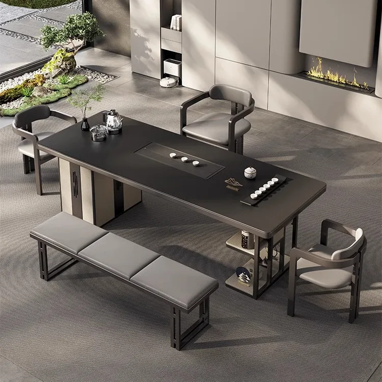 New Chinese-style black high-end light luxury rock slab tea table tea making integrated office meeting guests