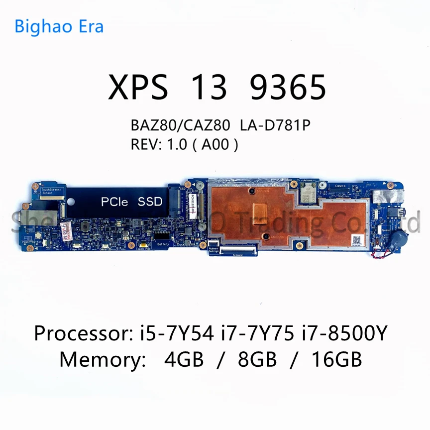 BAZ80 CAZ80 LA-D781Pデルのxps 13 9365ノートパソコンのマザーボードi5-7Y54 i7-7Y75 i7-8500Y cpu 4ギガバイト/8ギガバイト/16GB-RAM CN-0TRR79 0DPKX3