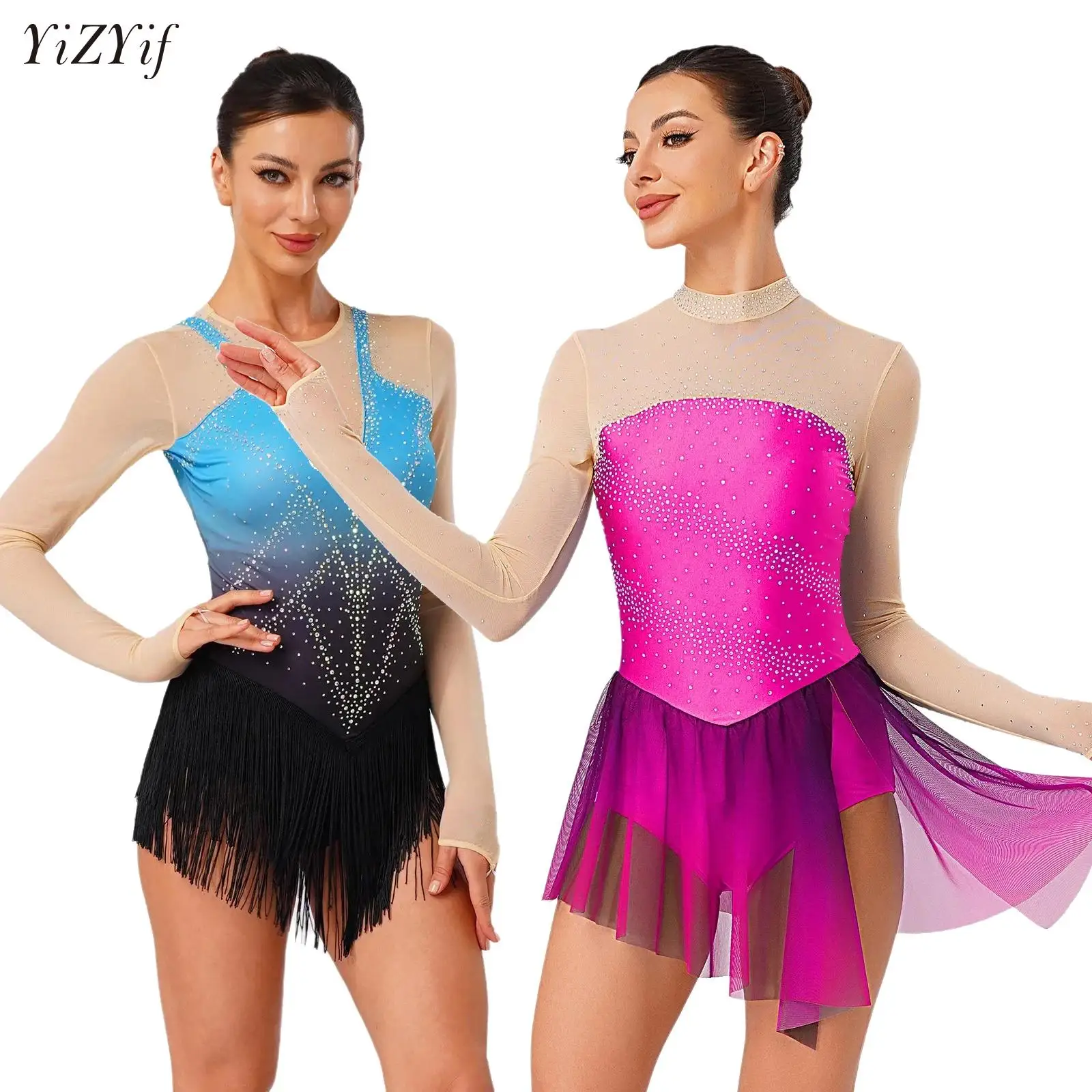 

Women Ballet Dance Dress Gymnastics Bodysuit Figure Skating Wear Adults Rhinestones Gradient Sheer Mesh Performance Costume