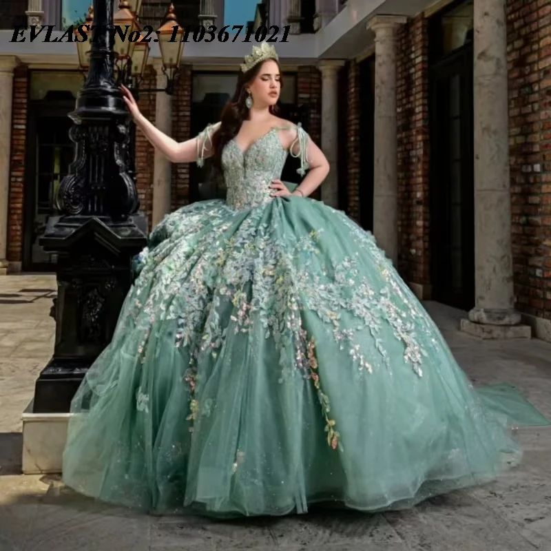 

EVLAST индивидуальное платье мятного Quinceanera 2026, бальное платье с блестками, кружевная аппликация, корсет с бисером, Sweet 16, Vestidos De 15 Anos E2Q28