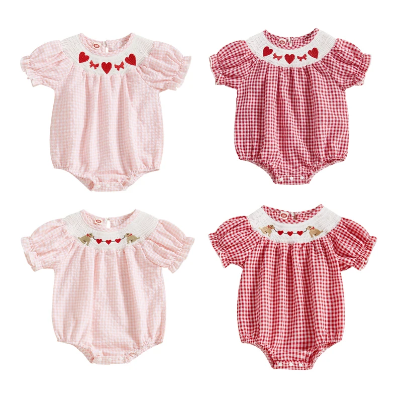 FOCUSNORM 0-24M Lovely Baby Girls Valentines Day Romper Plaid Heart Embroidery Shirred Short Sleeve Spring Jumpsuits