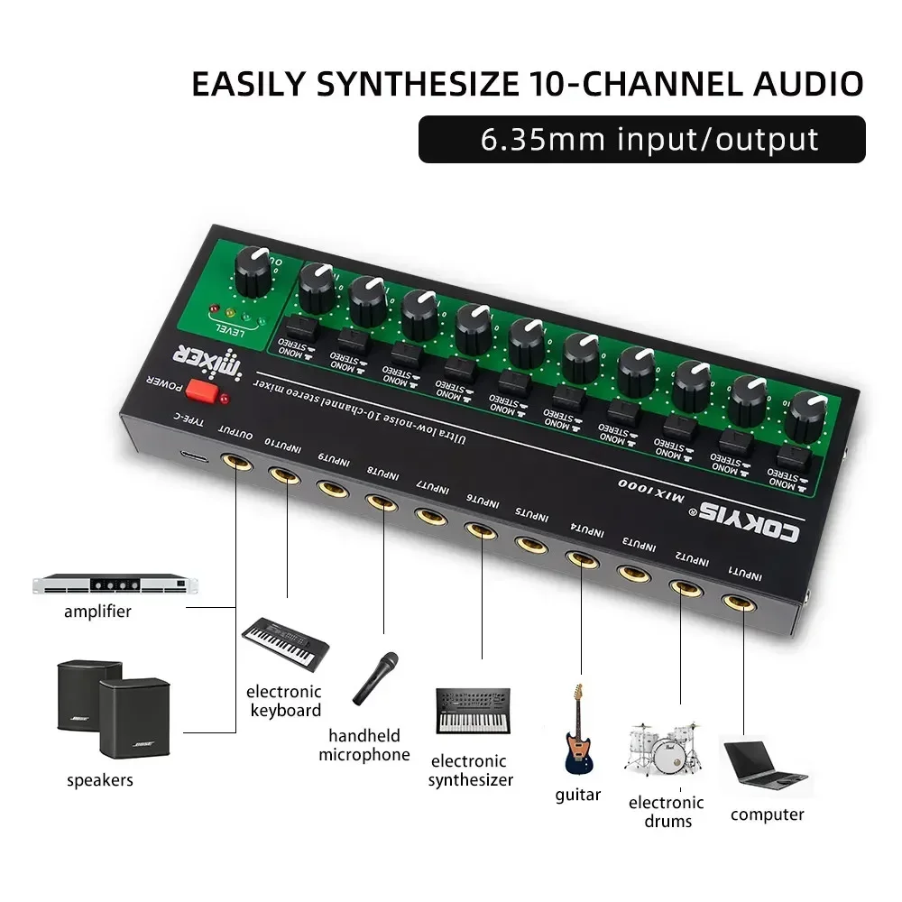 10 Channel Audio Mixer Mini Low Noise Stereo Mono Line Mixer Professional DC5V Audio Processor for Guitar Bass Keyboard Stage