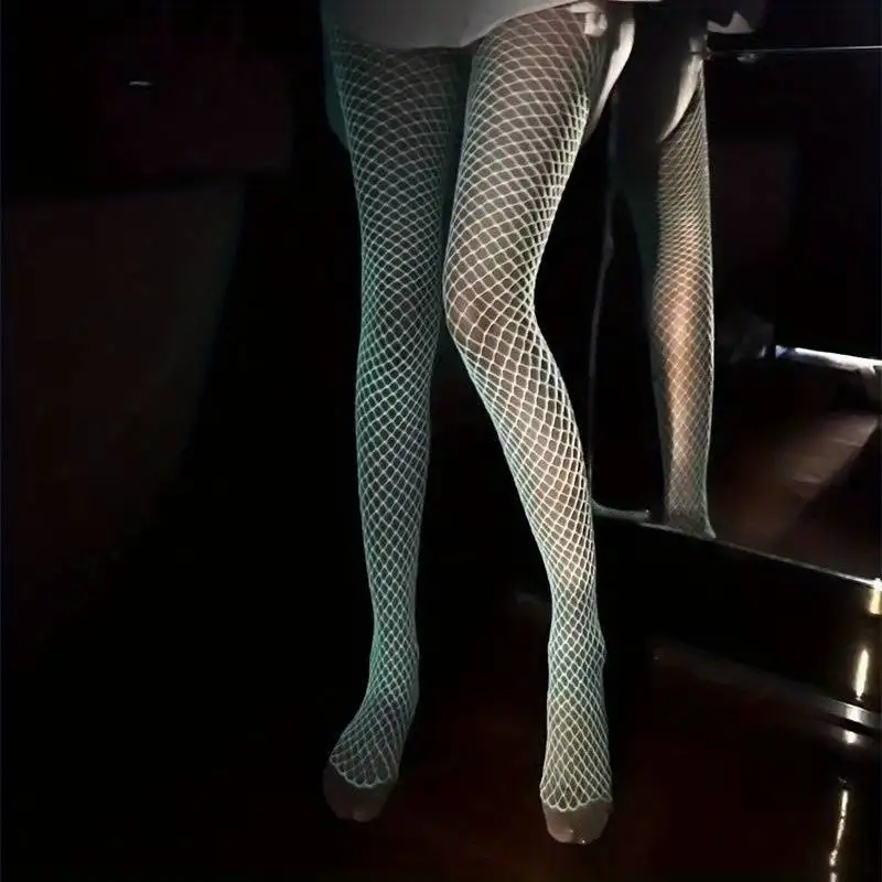 Nocny fluorescencyjny damskie długie skarpetki kabaretki bodystocking krzywa bielizna Y2k siateczkowa tkanina wysoki stan seksowne Body