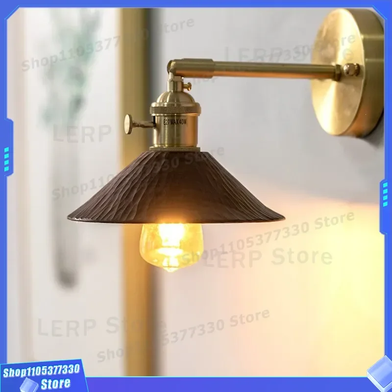 Retro Black Walnut Wall Lamp Solid Wood Carved Bedside Light Minimalist Creative Bedroom Hallway Decor Small Master Room