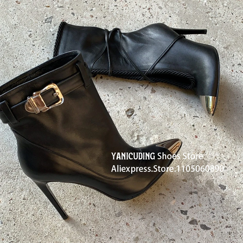 

Silver Metallic Toe Buckle Booties Punk Style Pointed Toe Stiletto Ankle Boots Sexy Fashion Style Designer Handmade Women Boots