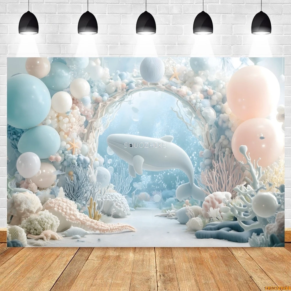 Fantasy Underwater World Photography Backdrop Ocean Dolphin Whale Arch Balloon Baby Shower Birthday Party Photo Background Decor