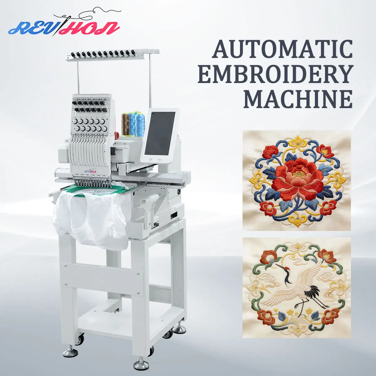 REVHON T-shirt Embroidery Machine Multi Functional Single Head 12/15 Needle High Speed Embroidery Machine