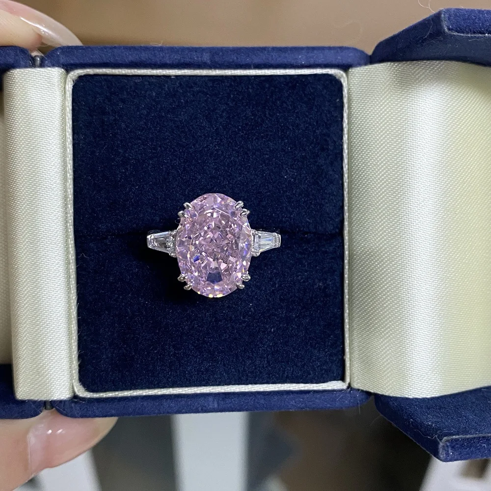 

925 Sterling Silver Pink Diamond Ring, Women's Large Pigeon Egg Luxury Diamond Ring, Wedding Ring, 10X14 Large Size