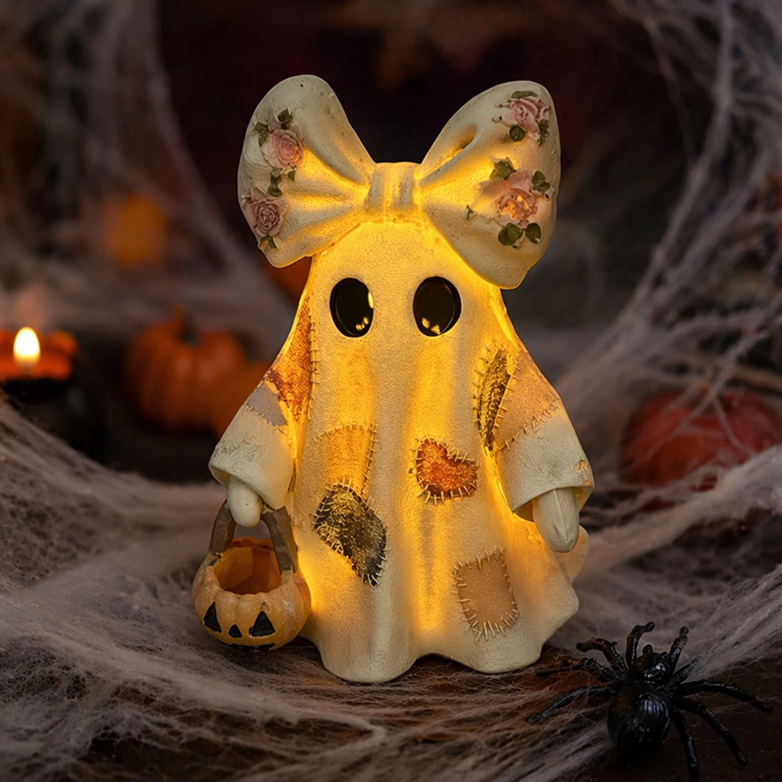Halloween Decor Patchwork Ghost Bowknot Battery Operated Retro Spooky Ghost Desktop Lamp for Home Office Party & Indoor Use