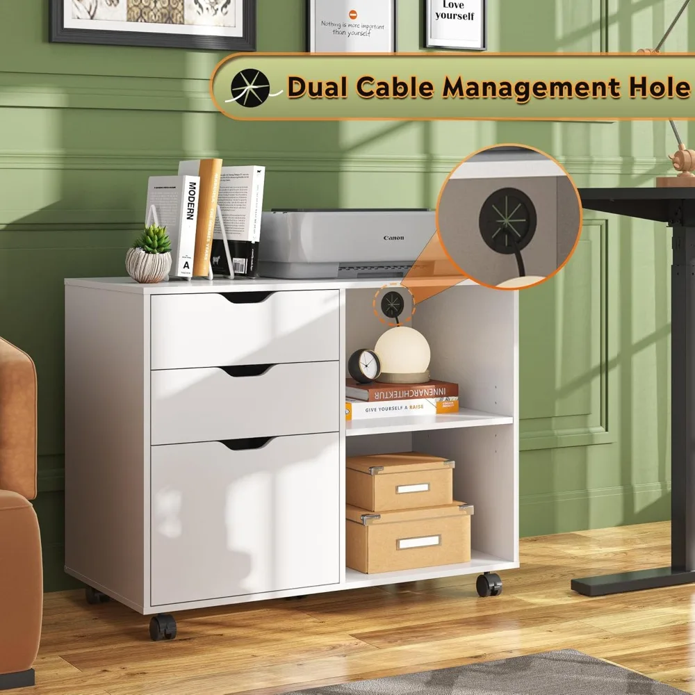 

3-Drawer Wood File Cabinet, Mobile Lateral Filing Cabinet, Printer Stand with Open Storage Shelves for Home Office, White
