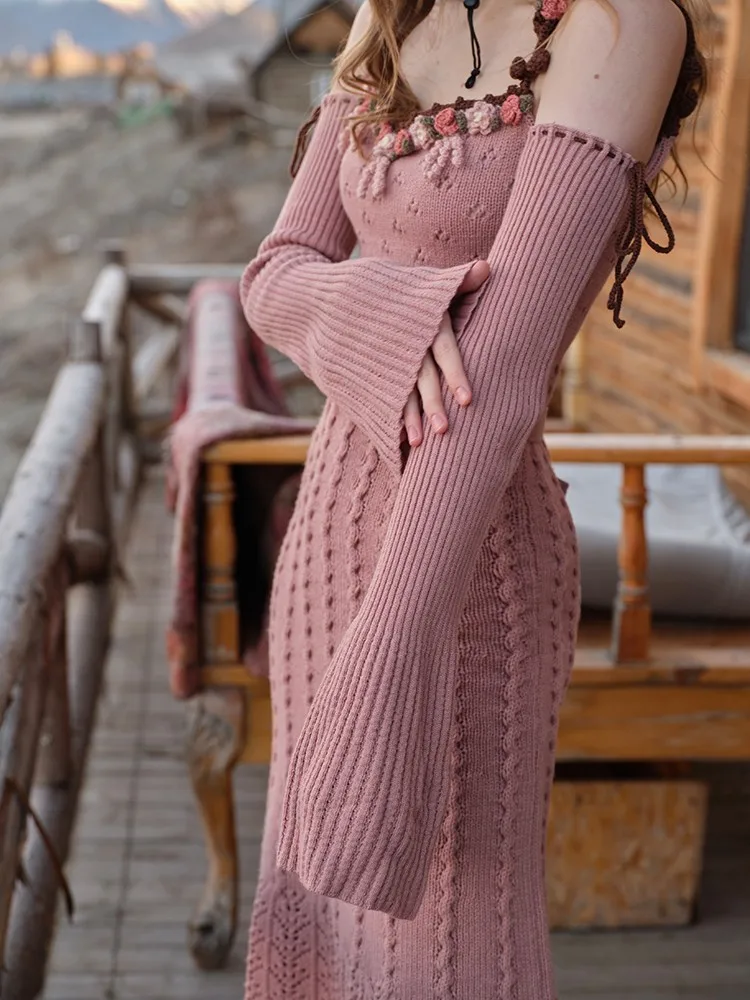 80-92cm Spring Fall Pink Knitted Wool Dresses Women French Vintage Elegant Slim Handmade Crochet Flowers Hollow Out Sling Dress