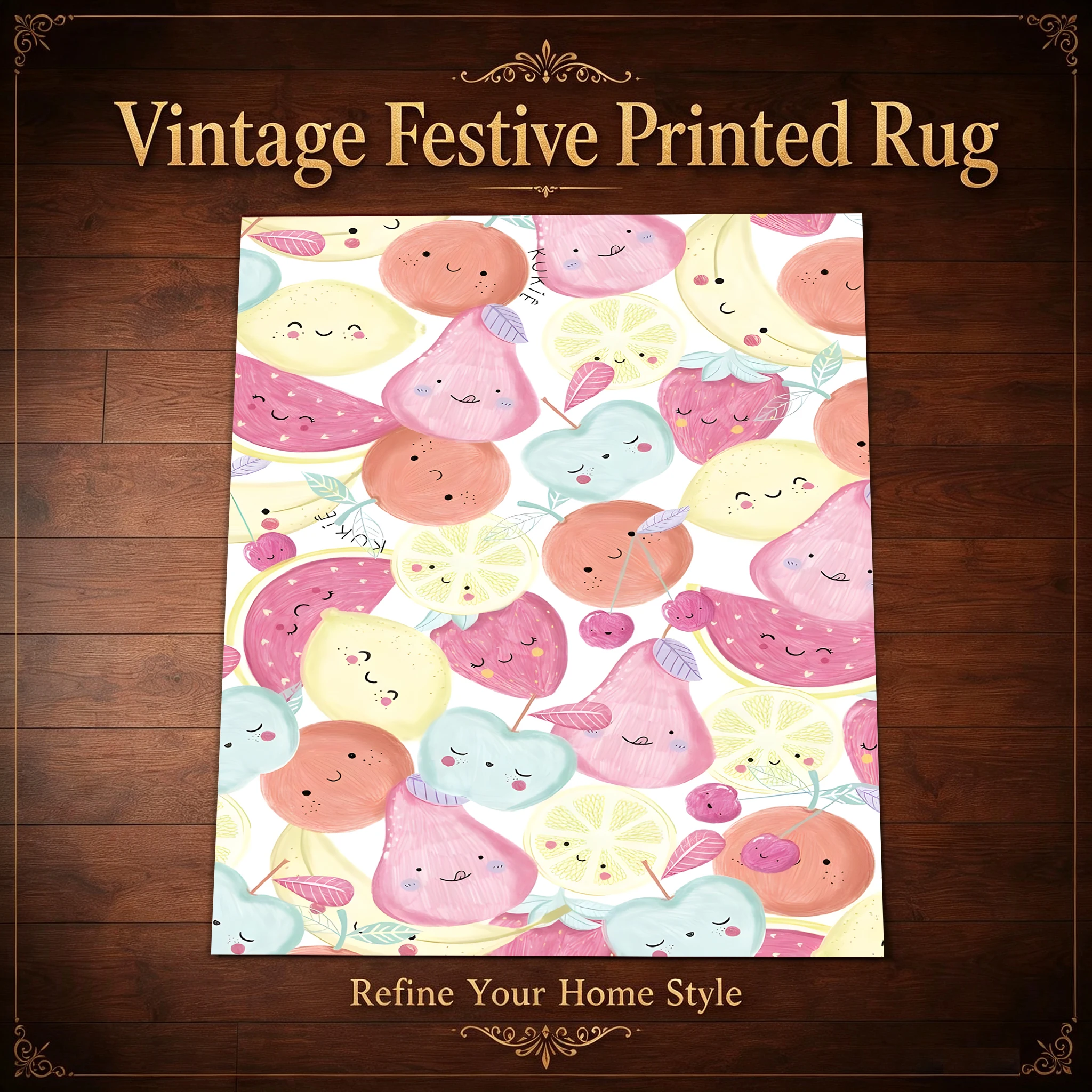 2D Large Carpet Playful Smiley Fruit Print Sweet Soothing for Living Room Bedroom Bedside