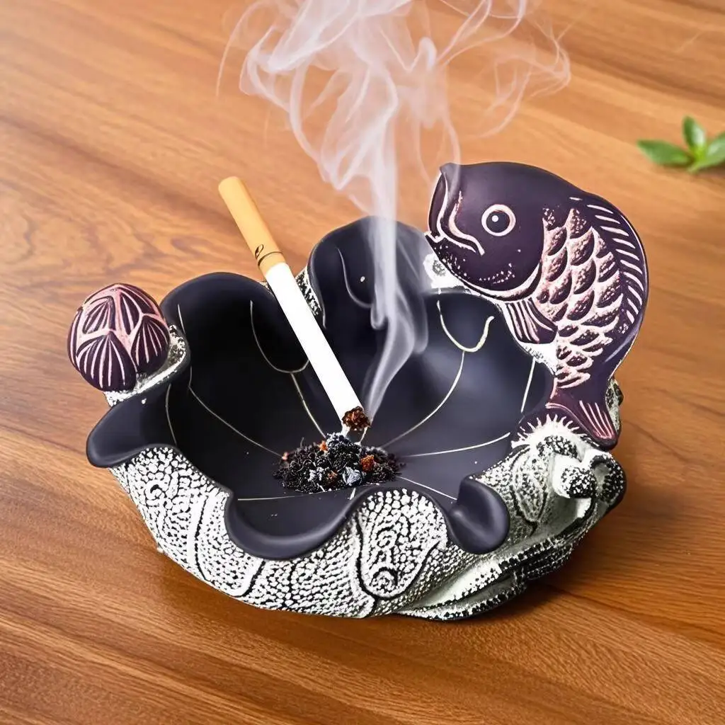 Retro Country Style Lotus Leaf Fish Ashtray. A Desktop Dust-proof Storage Box For Keeping Dust Off, Elegant Desktop Decoration