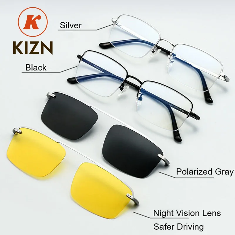 

KIZN 2-in-1 Magnetic Clip-on Glasses Rim Prescription Frame with Polarized & Night Vision Lens Frame for Men Titanium Hlaf