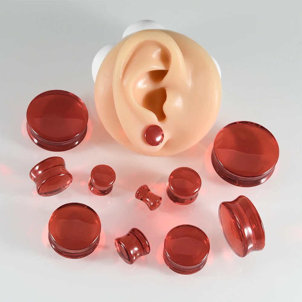 1Pair Red&Green Transparent Glass Ear Plugs Earrings Expander Gauges Round Tunnels For Women Men Fashion Piercing Jewelry 6-30mm