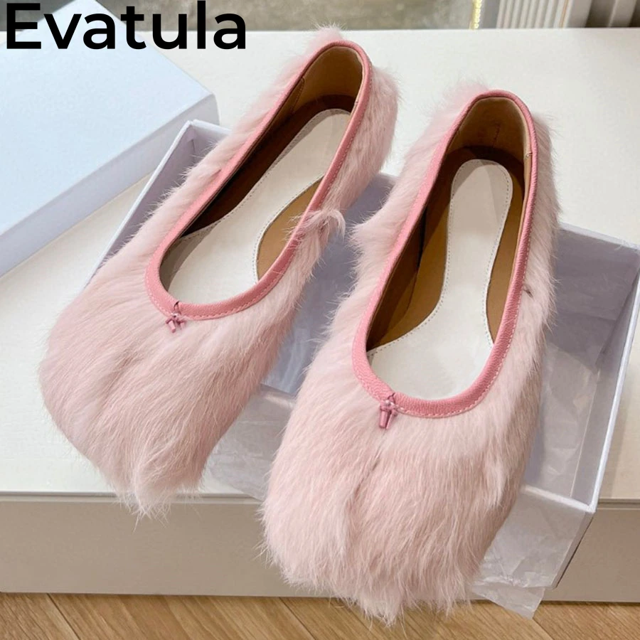 2024 Winter New Arrival Fluffy Fur Flat Shoes Women Split Toe Slip On Lazy Loafers Shoes Ladies Fashion Ballet Flat Shoes Female