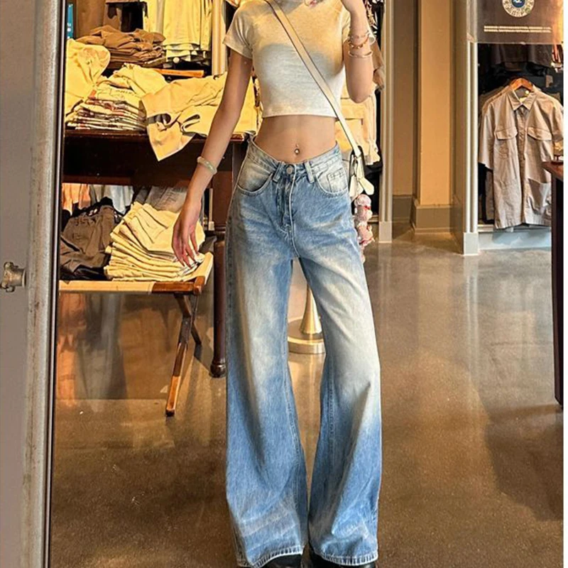 

Chic Light Blue Women Wide Leg Jeans Retro Streetwear Washed Baggy Denim Trousers New Summer Hot Girls Slimming Straight Pants