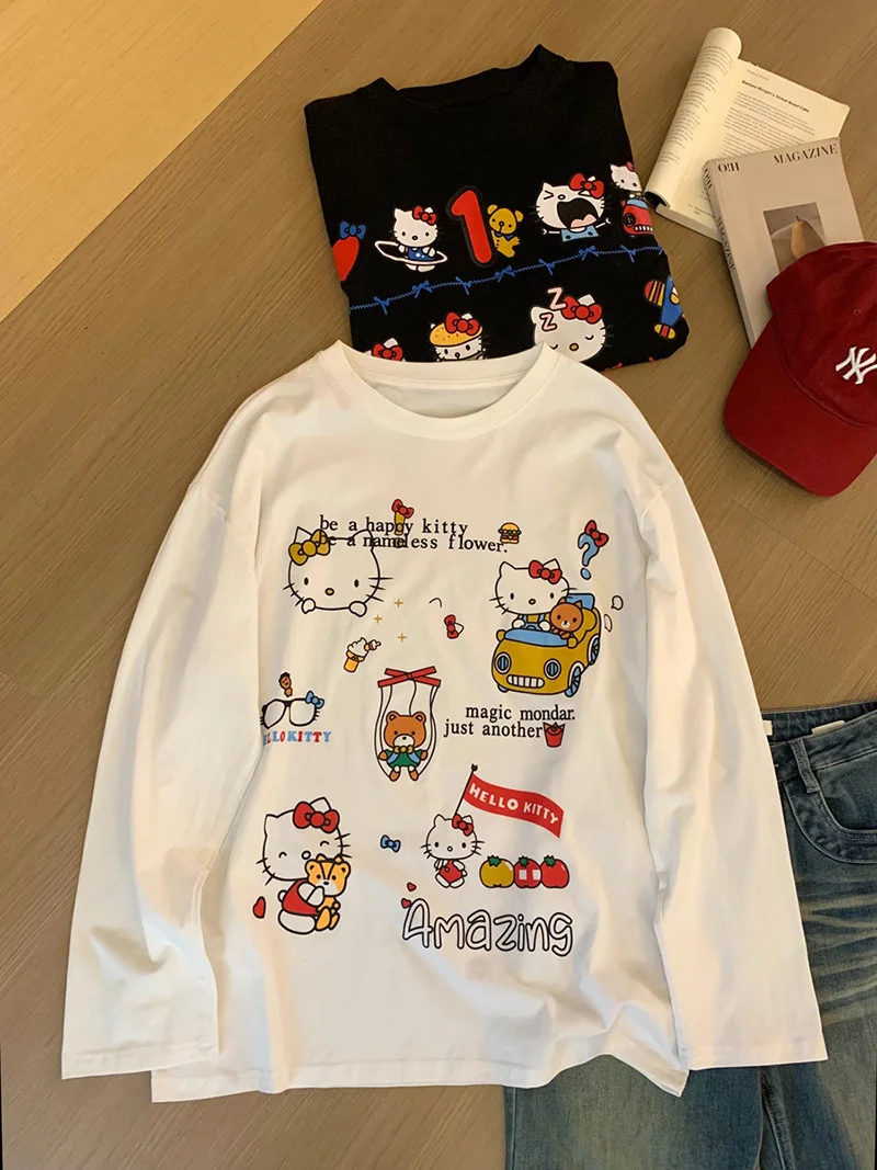 Streetwear Loose Cute Hello Kitty Graphic T Shirts Woman Clothes Long Sleeve Korean Fashion 2000s Clothes Y2k Tees Female Chic