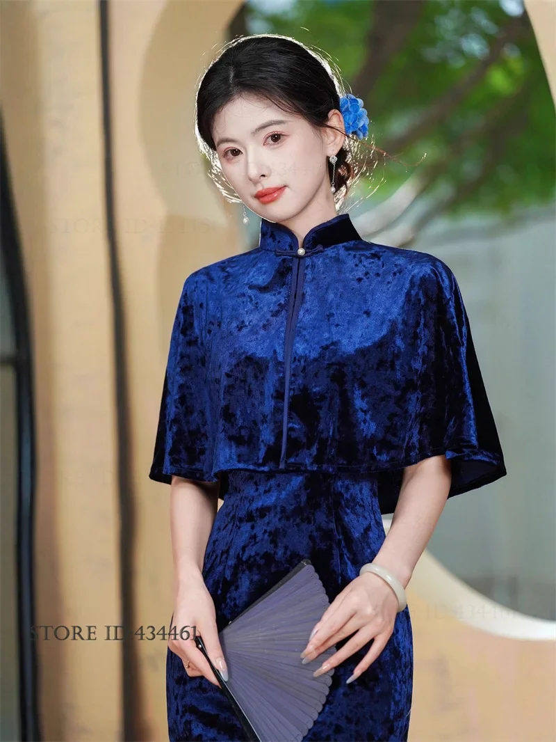 الخريف الشتاء القطيفة الإناث تشيباو المخملية شيونغسام طويلة مع شال مثير فستان أنيق مزاجه التقليد الصيني