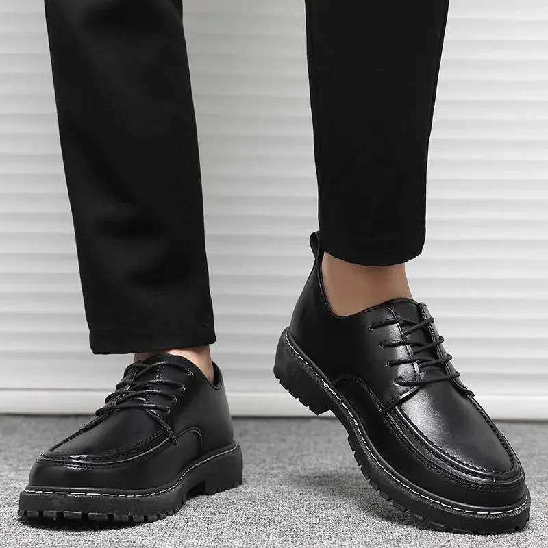 Men's Neutral round Toe Derby Shoes Lace-up Wedding Shoes Genuine Leather Sneaker Spring and Autumn Non-Slip Casual Shoes