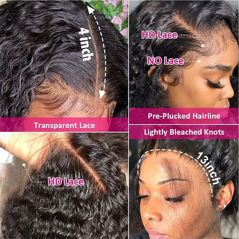 Peruca frontal encaracolada HD para mulheres, peruca de onda profunda, cabelo humano, 200 densidade, 13x4, 13x6, 38"