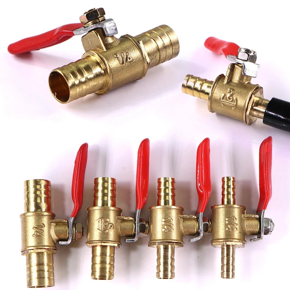 

6/8/10/12mm Mini Valve Brass Hose Adapter Barb Design Red Handle Pipe Fittings Connect Repair Extender Joints for Water Oil Fuel