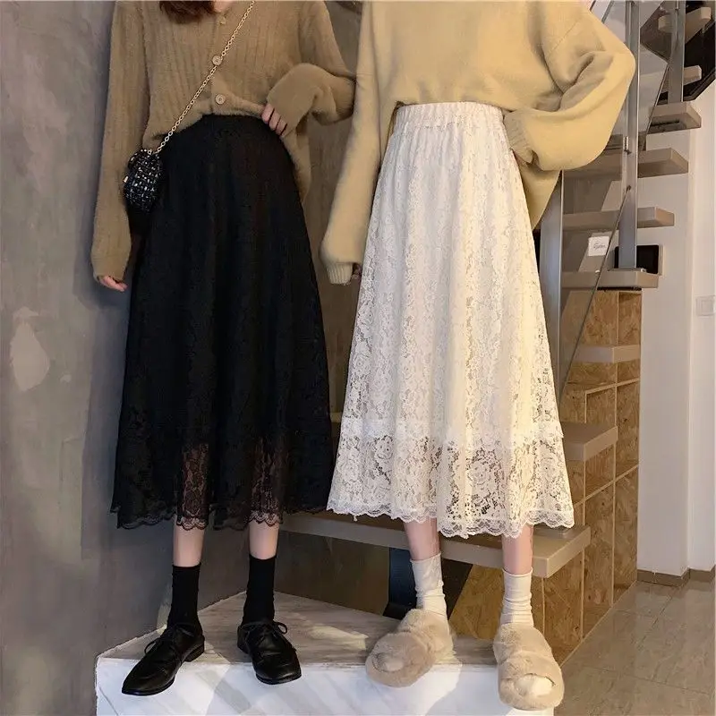 Kawaii Skirt for Women Spring Summer Black Long Skirts for Women Fashion Lace Skirt 2024 New Spring Summer Mid Length Skirt