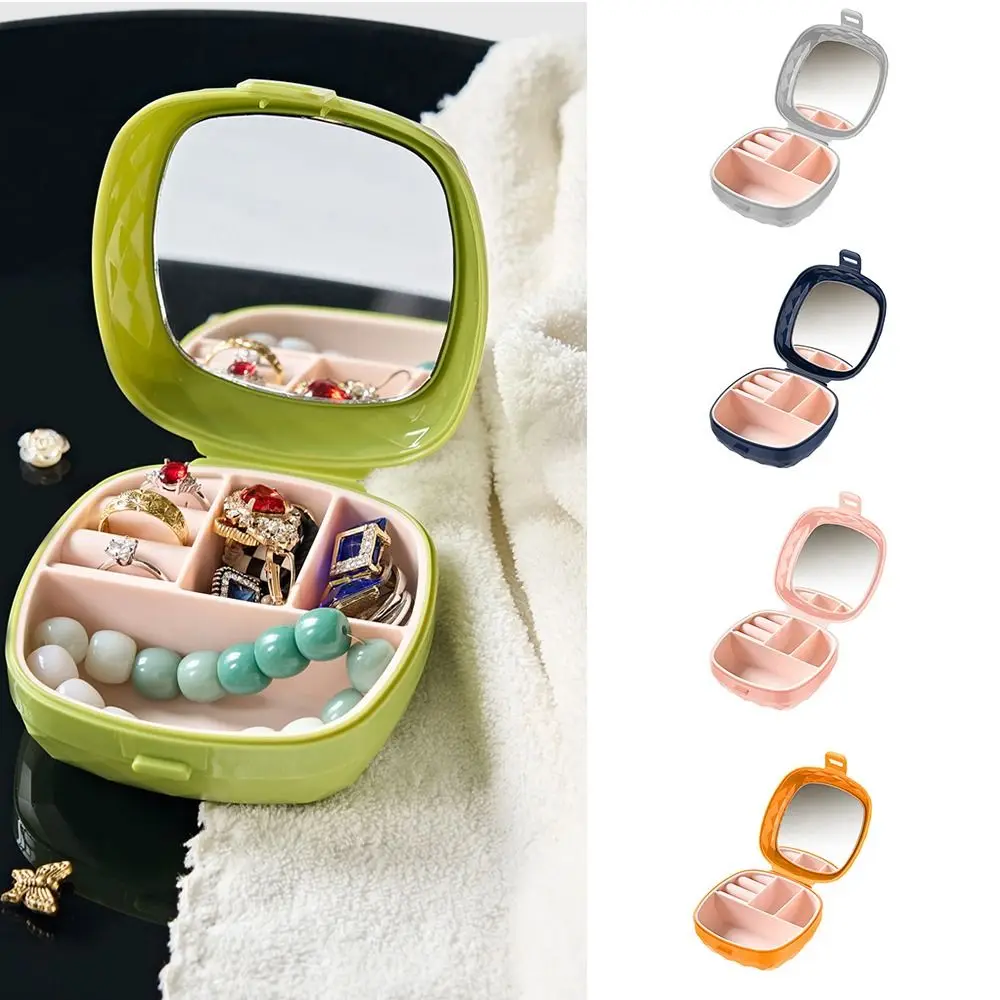 صندوق تخزين المجوهرات البلاستيكي المحمول مع مرآة أقراط الماس وحلقة عرض حافظة مكياج للسفر مقاومة للماء للمرأة