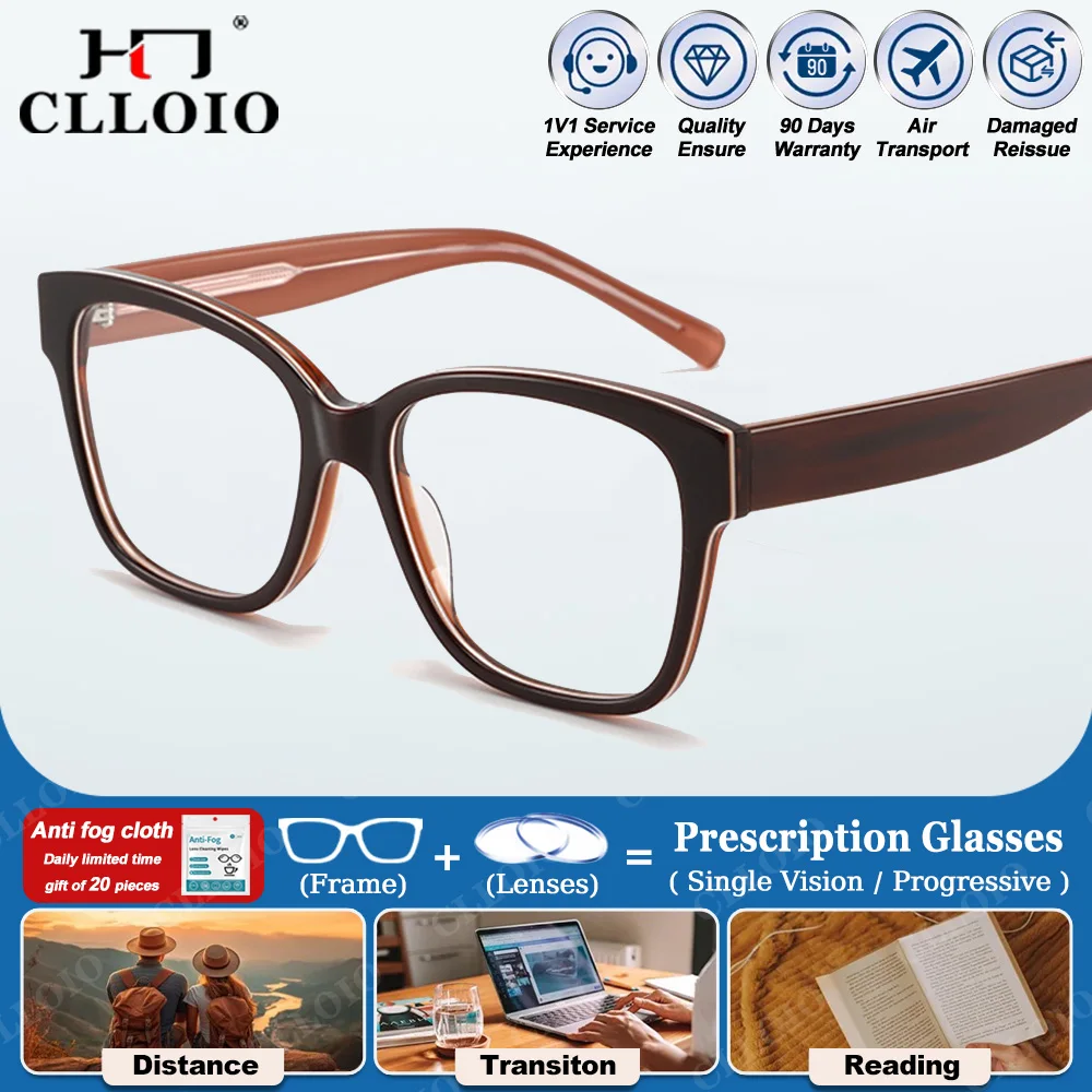 

CLLOIO Simple Acetate Frame Blue Light Blocking Prescription Glasses High Quality Women Men Square Myopia Progressive Eyeglasses