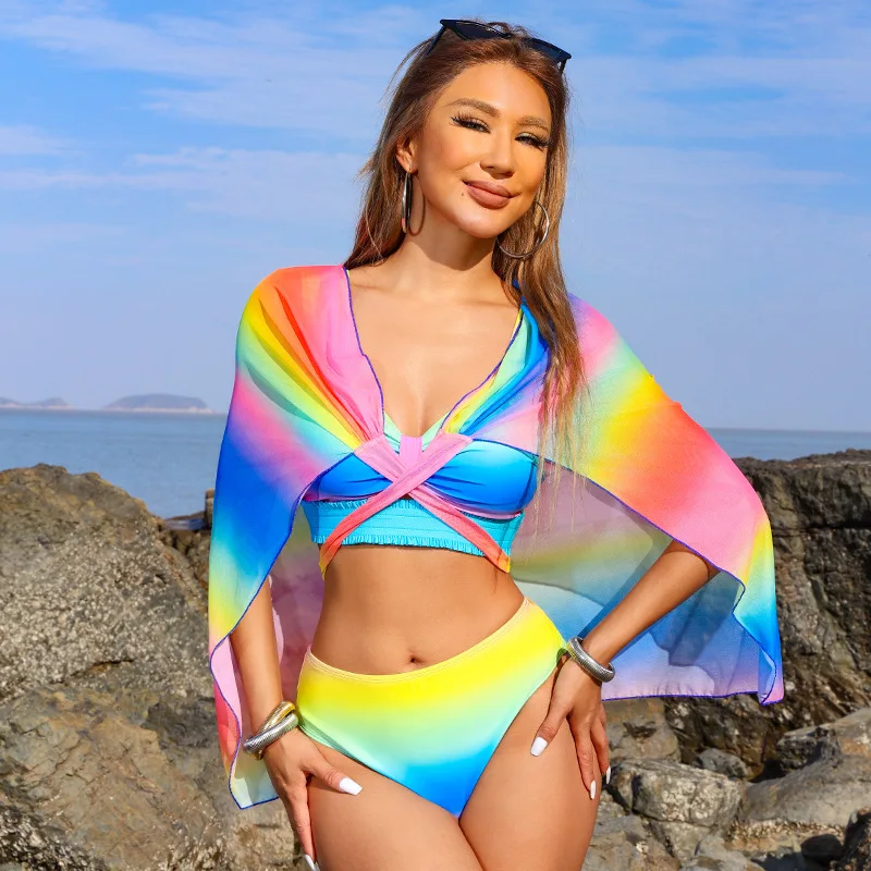 3 Pieces Set Swimsuit Women High Waist Swimwear Sexy Bikini Set With Sarong Mesh Skirt Beachwear Bathing Suit Rainbow Cover Ups