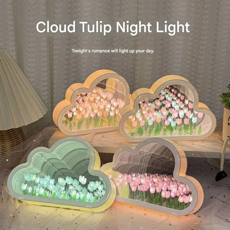 Luz nocturna creativa de tulipán y nube, lámpara de ambiente marino con espejo hecho a mano, decoración de escritorio, regalo de cumpleaños y vacaciones