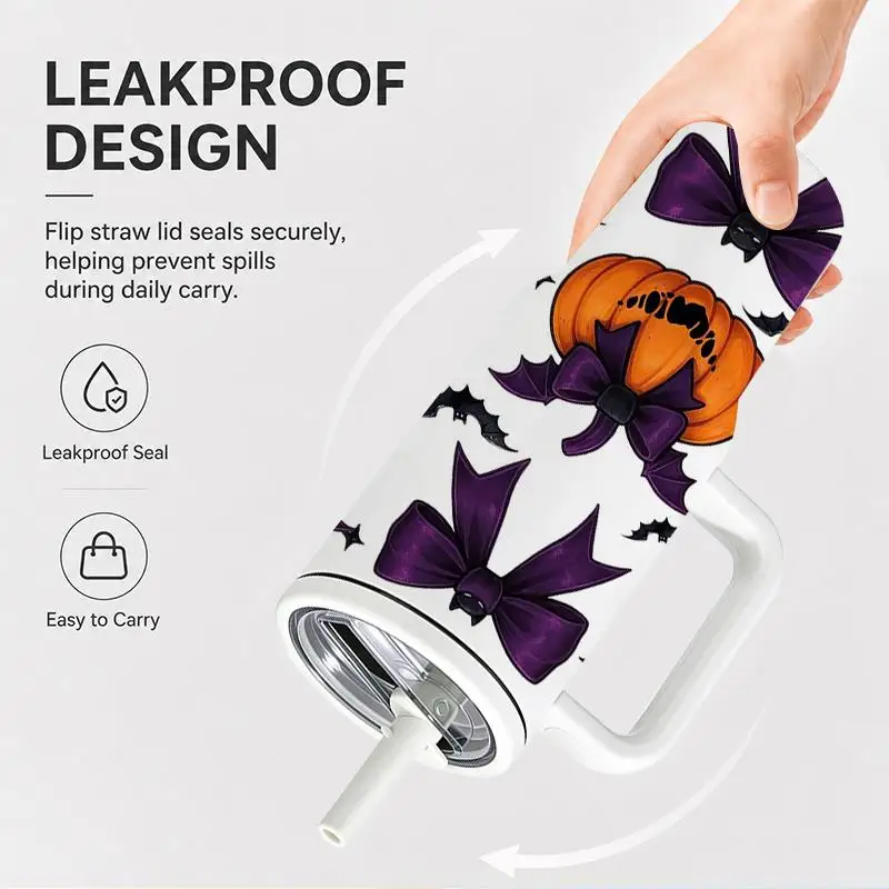 1pc 40oz 304 Stainless Steel Hand-held Cup Halloween Pumpkin And Purple Bow Bat Print Insulated Tumbler with Handle And Straw for Home Office Outdoor Travel Suitable Gifts for Halloween Christmas And Other Special Festivals