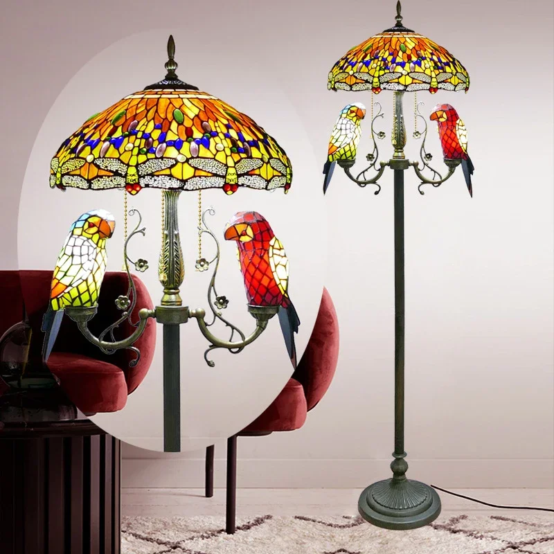 SOURA Tiffany Floor Lamp American Retro Living Room Bedroom Lamp Country  Stained Glass Floor Lamp