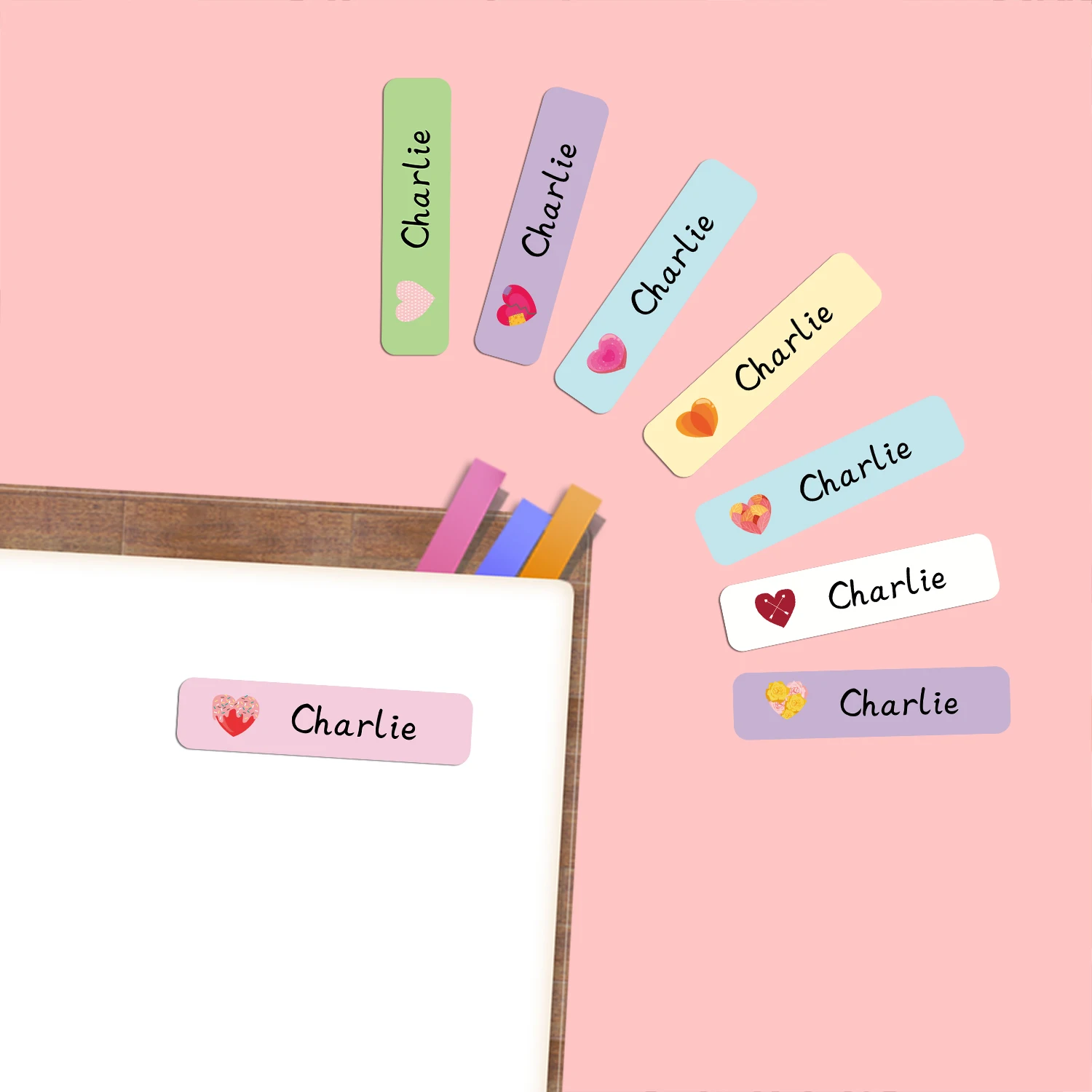 개인화된 하트 모양 이름표 스티커 방수 라벨 학교 용품 물병 도시락 상자 문구류 디자인
