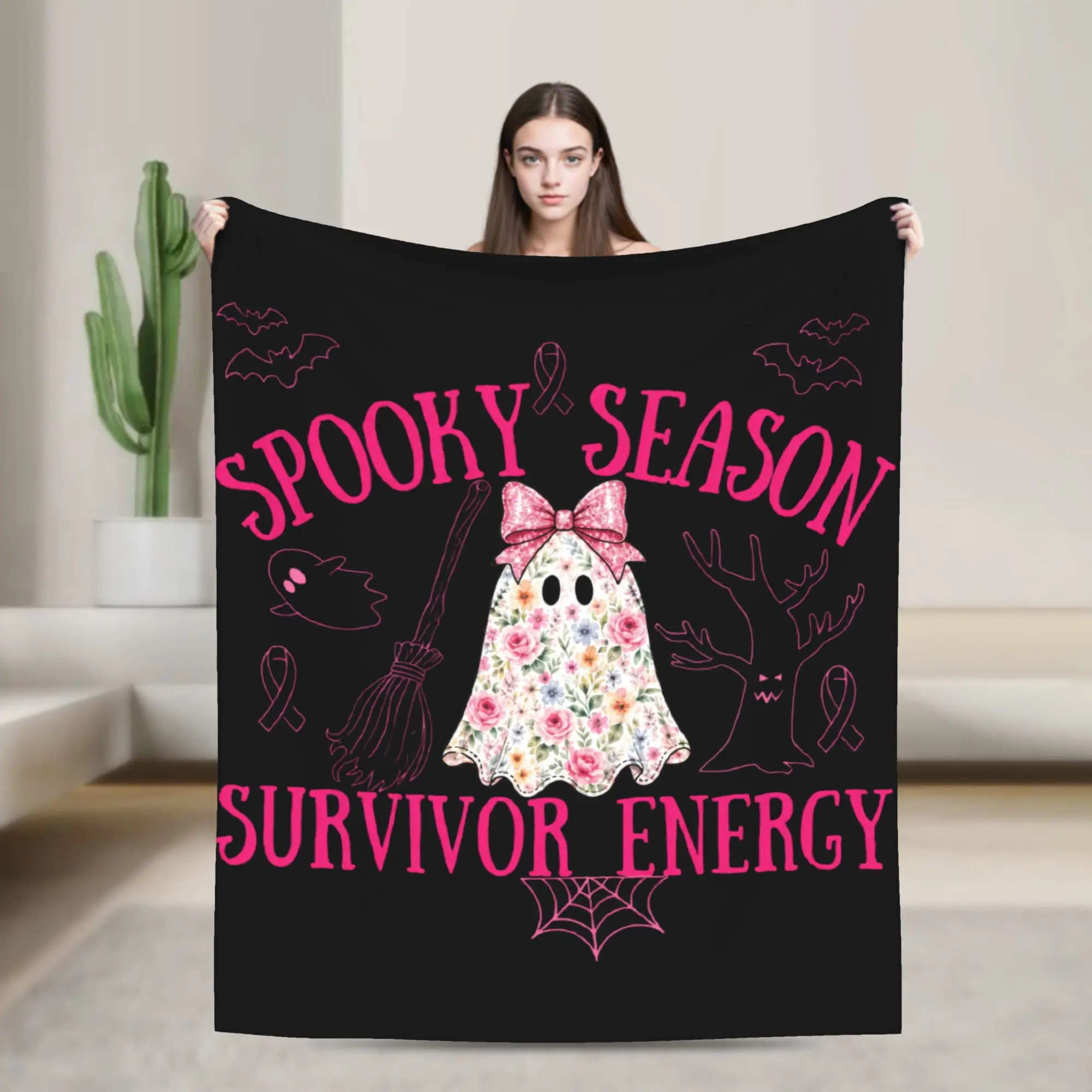 Breast Cancer Survivor Pink Ribbon Halloween Spooky Knitted Blanket Fleece Thin Throw Blanket for Bedroom Sofa Bedroom Quilt