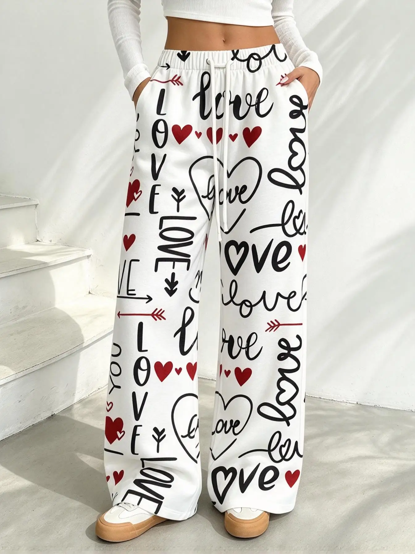 Ladies Low Rise Wide Leg Sweatpants Full Print Love Letter Heart Graphic Loose Hip Hop Streetwear Pants