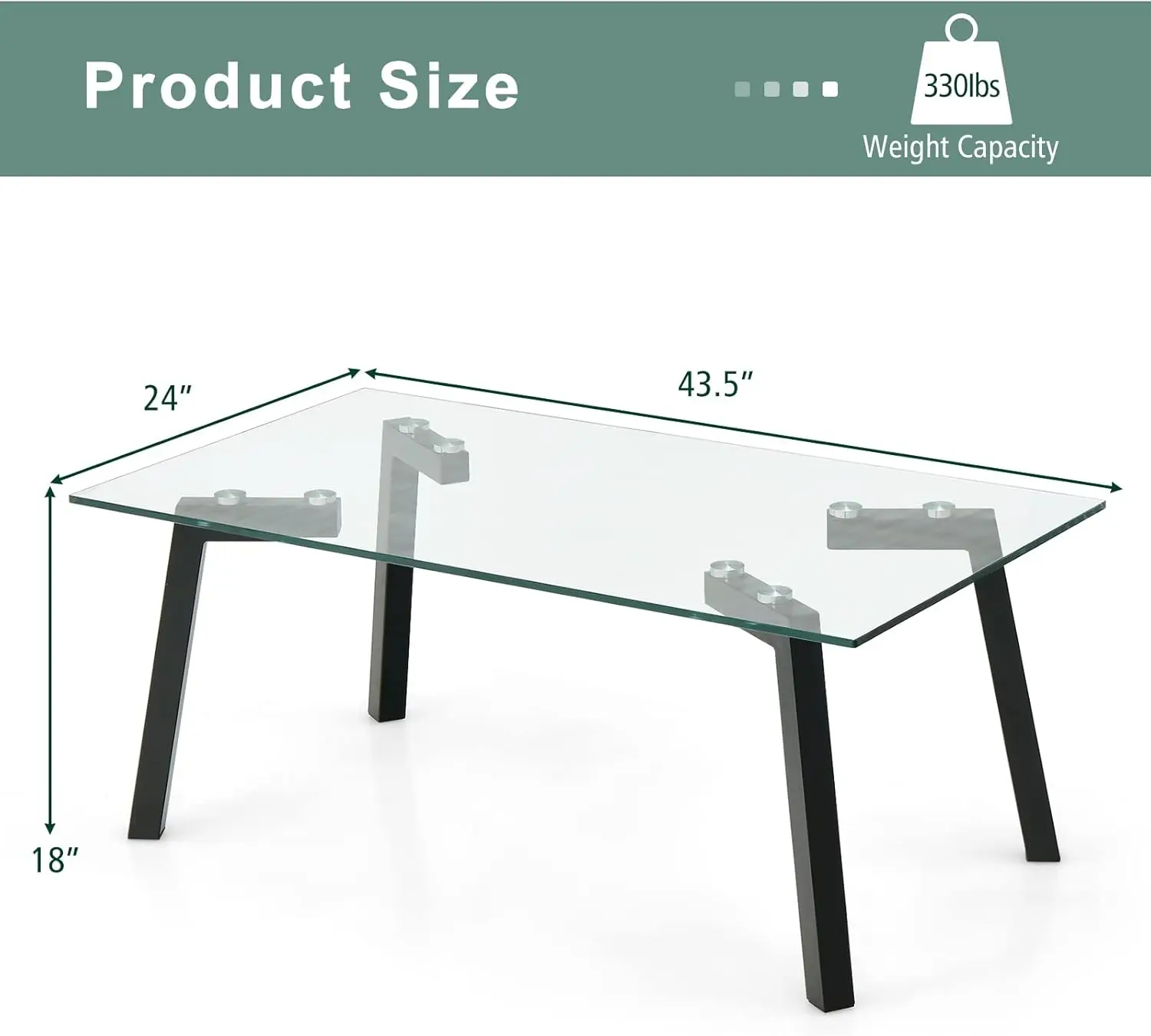 Tempered Glass Coffee Table, Rectangular Center Table with Heavy Duty Metal Frame, Modern Cocktail Table, Clear Tea Table