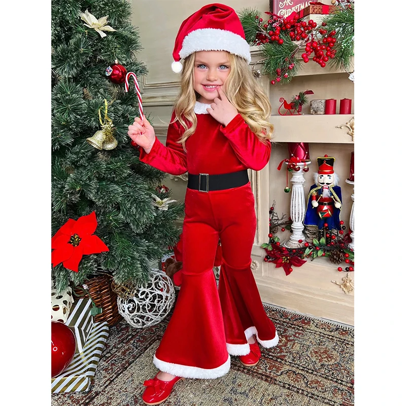 وصل حديثًا لعام 2025 زي فتاة عطلة رأس السنة الجديدة زي سانتا المساعد الصغير للفتيات باللون الأحمر الصغير سانتا المخملي مجموعة جرس سفلي