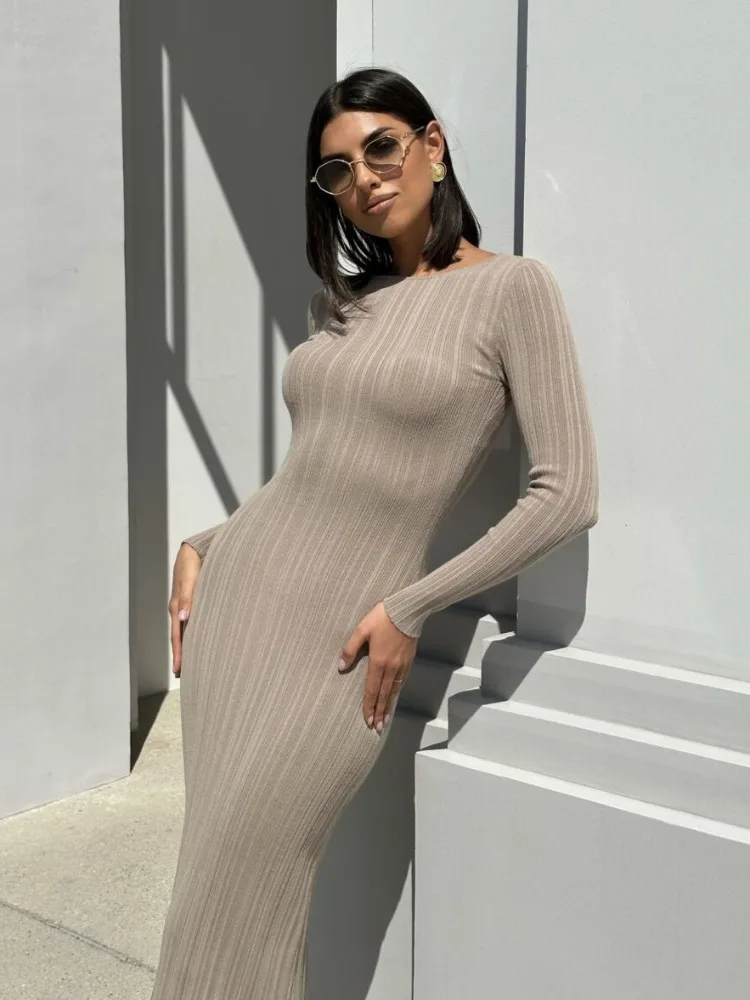 Autumn Long Sleeve Knitted Maxi Dress Women Elegant Sexy Pit Strip O-Neck Bodycon Evening Party Dresses 2024 Lady Casual Dress