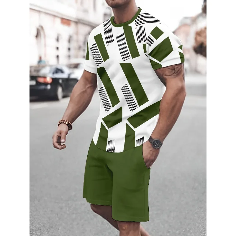 2025 Men's Summer 3D Printed Round Neck Short Sleeved T-shirt and Shorts Set for Daily Leisure, Sports, Breathable Street Wear