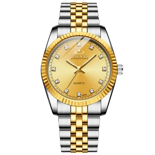 Reloj de pulsera de cuarzo dorado para hombre y mujer, cronógrafo de pulsera de acero inoxidable para pareja, Día de San Valentín