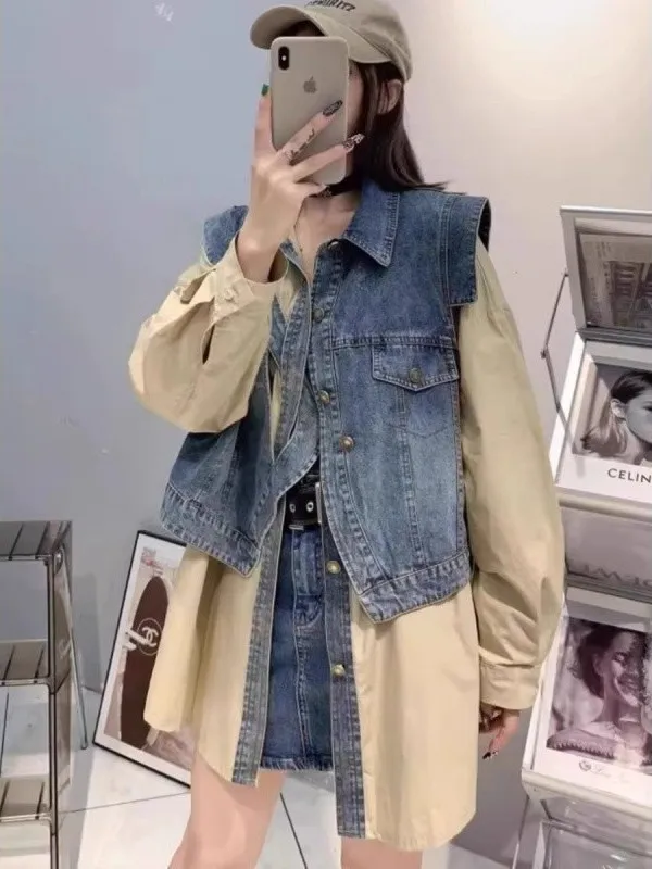 

Мужская джинсовая куртка-рубашка больших размеров (300 Pou Design Sense Denim) с пэчворком, повседневная, с длинными рукавами, из дышащей полиэстеровой ткани.