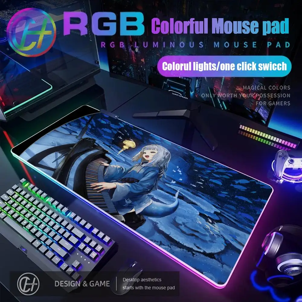 

Hololive Gawr Gura Mouse Pad RGB Gaming Mouse Pad Desk Mat HD Gamer Large LED Light XXL MousePads PC Computer Carpet