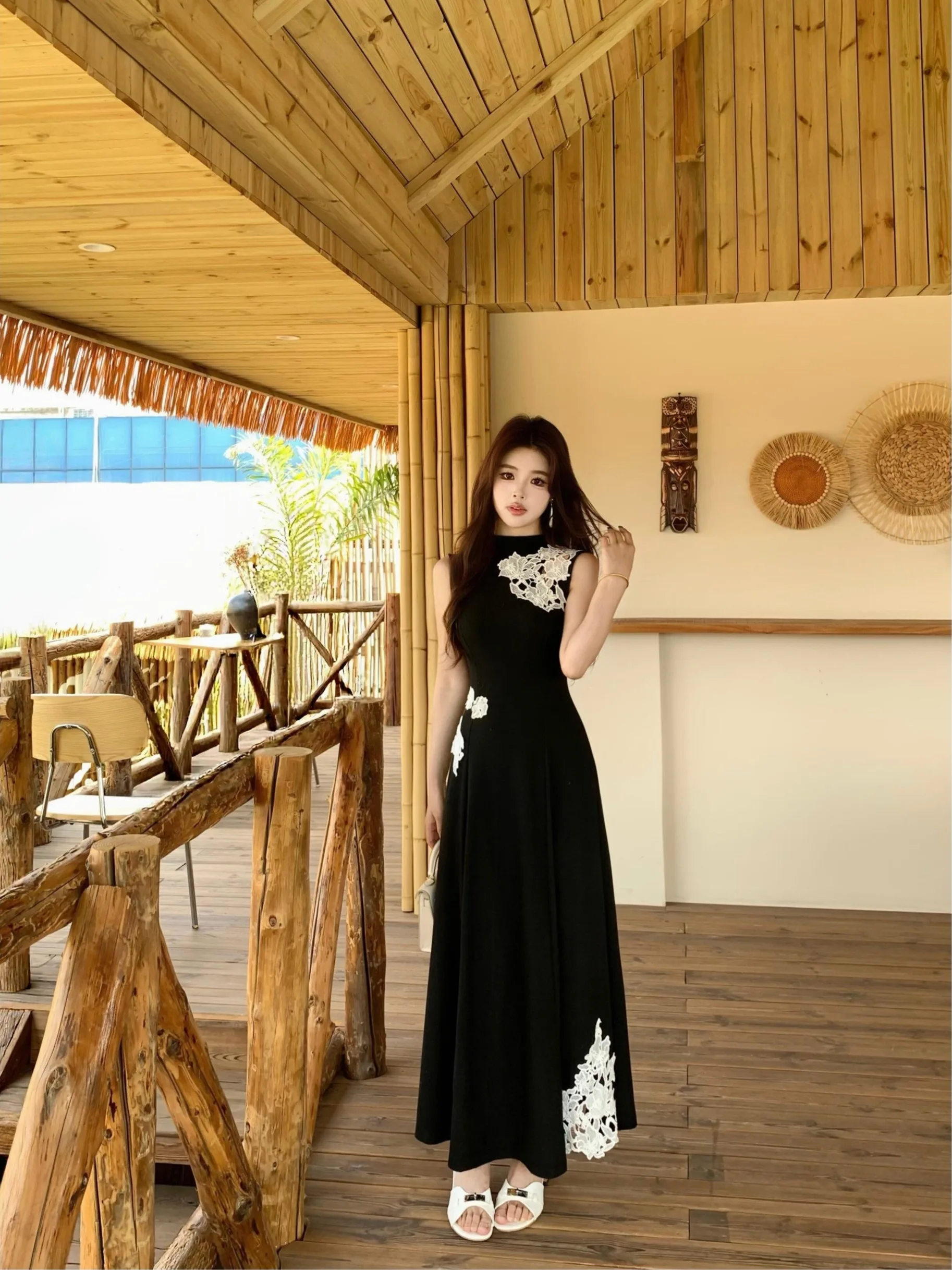 

plus Size Chinese Style Lace Hollow out Heavy Embroidery Slimming Vest Dress High Waist A-Line Summer New Arrival